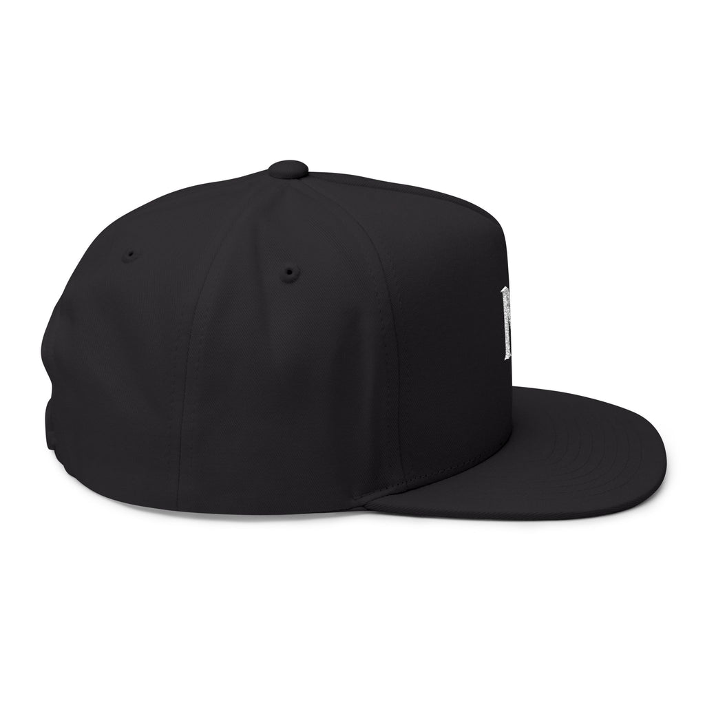 NV Embroidered Flat Bill Cap — Minimalist Black Snapback Hat
