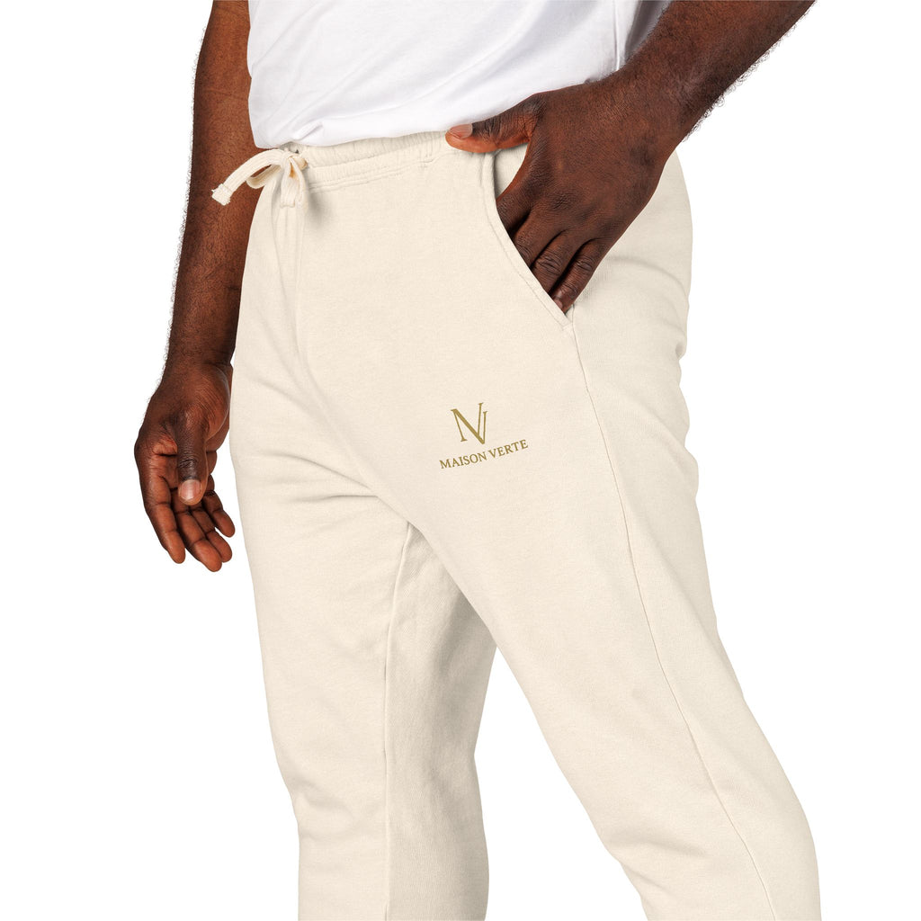 Embroidered Minimal Logo Sweatpants — Garment-Dyed Fleece Joggers
