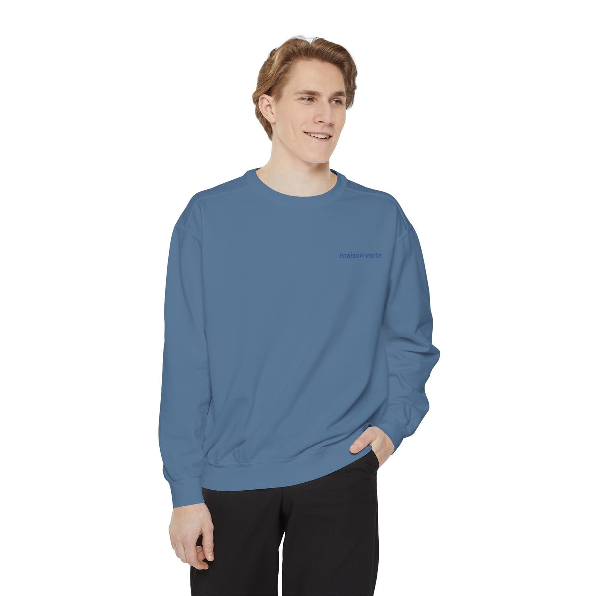 Minimal "Follow Better" White Sweatshirt — Small Chest Text Crewneck