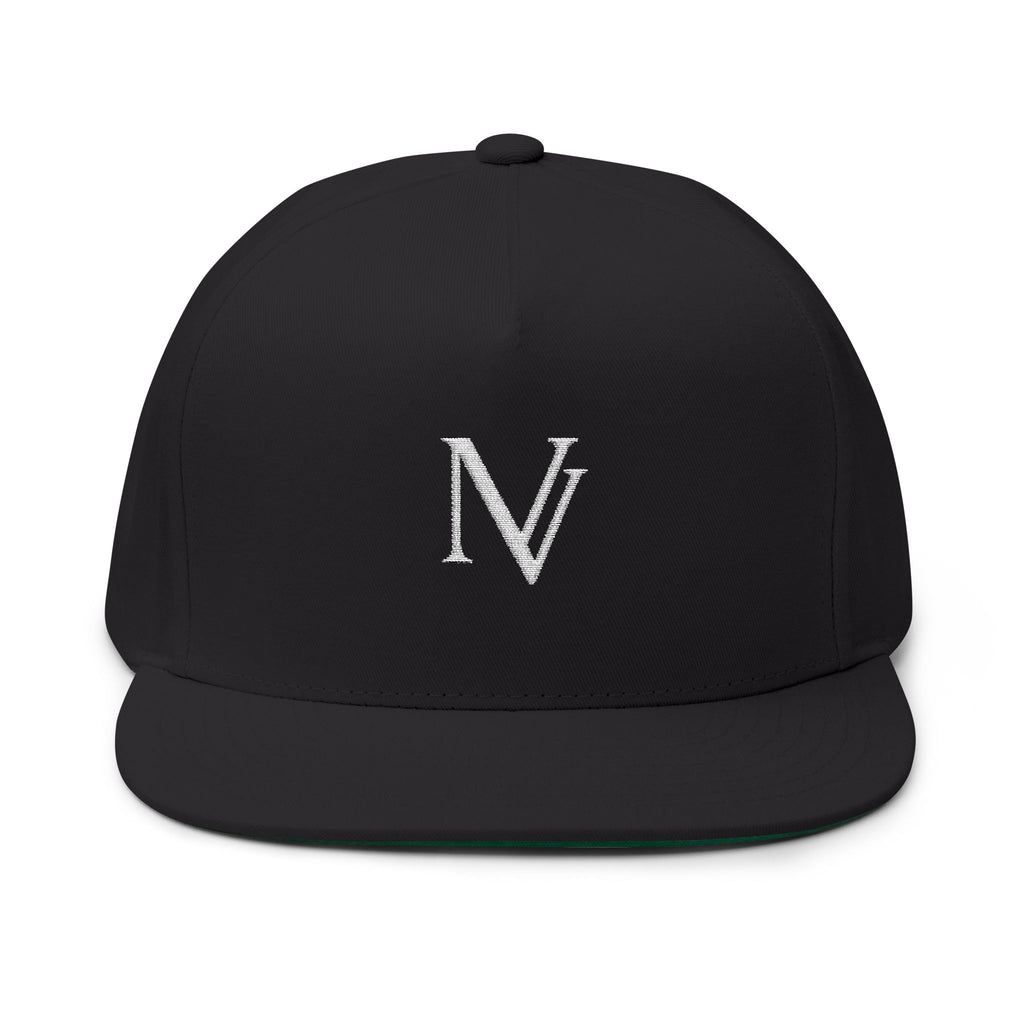 NV Embroidered Flat Bill Cap — Minimalist Black Snapback Hat