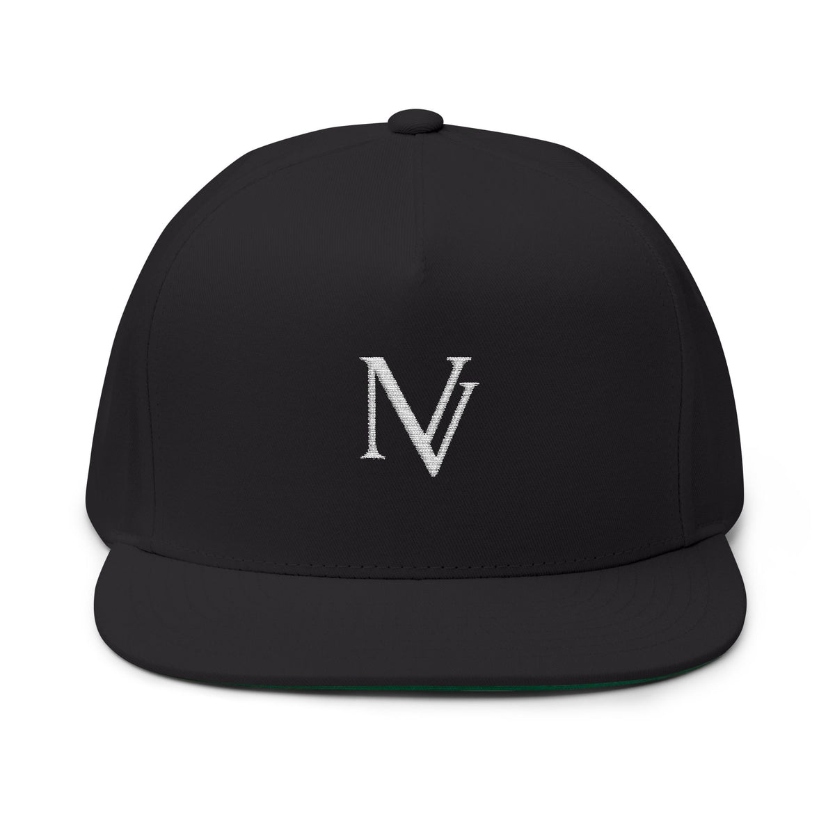 NV Embroidered Flat Bill Cap — Minimalist Black Snapback Hat